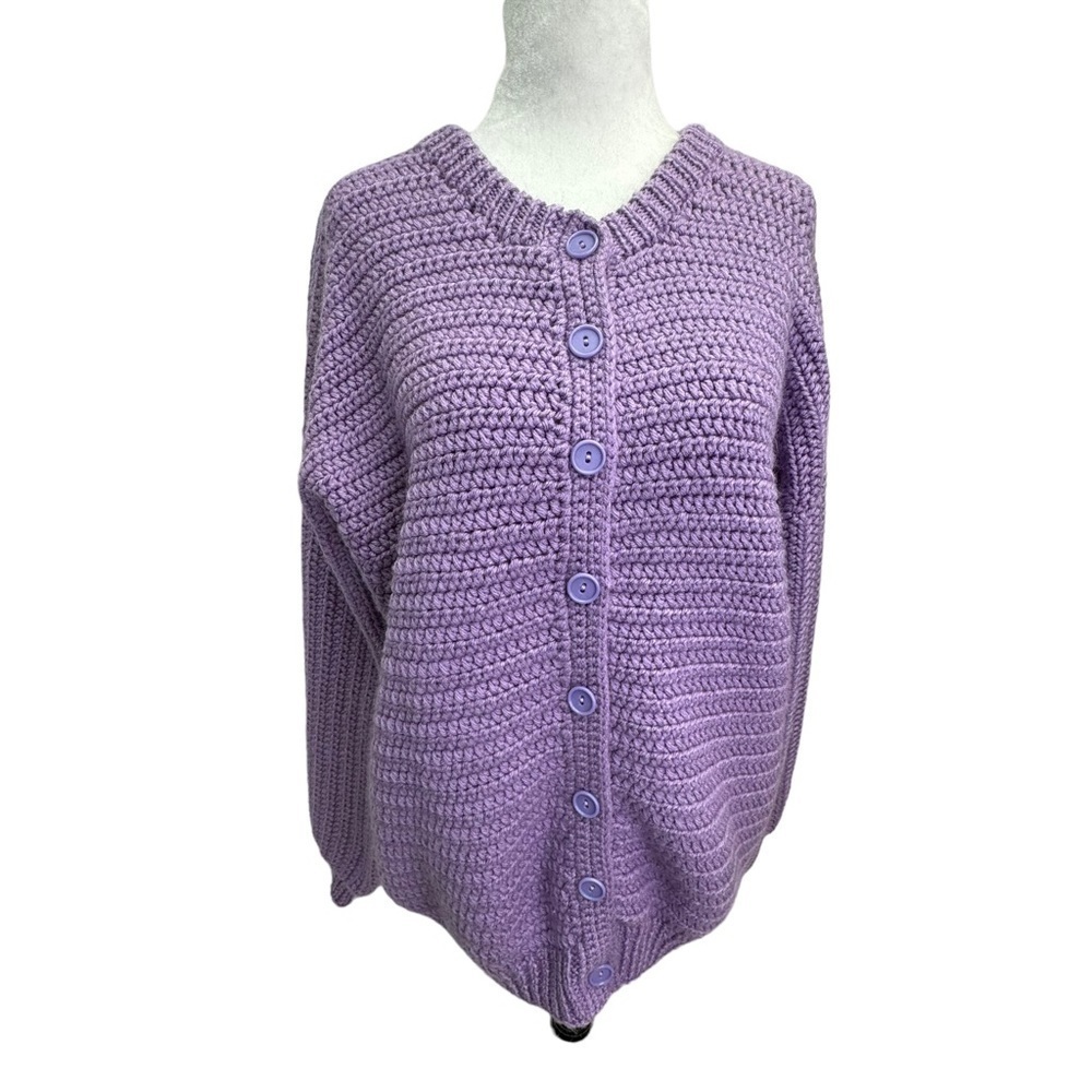 Handmade Purpled Crocheted Button Front Cardigan Sweater Size L